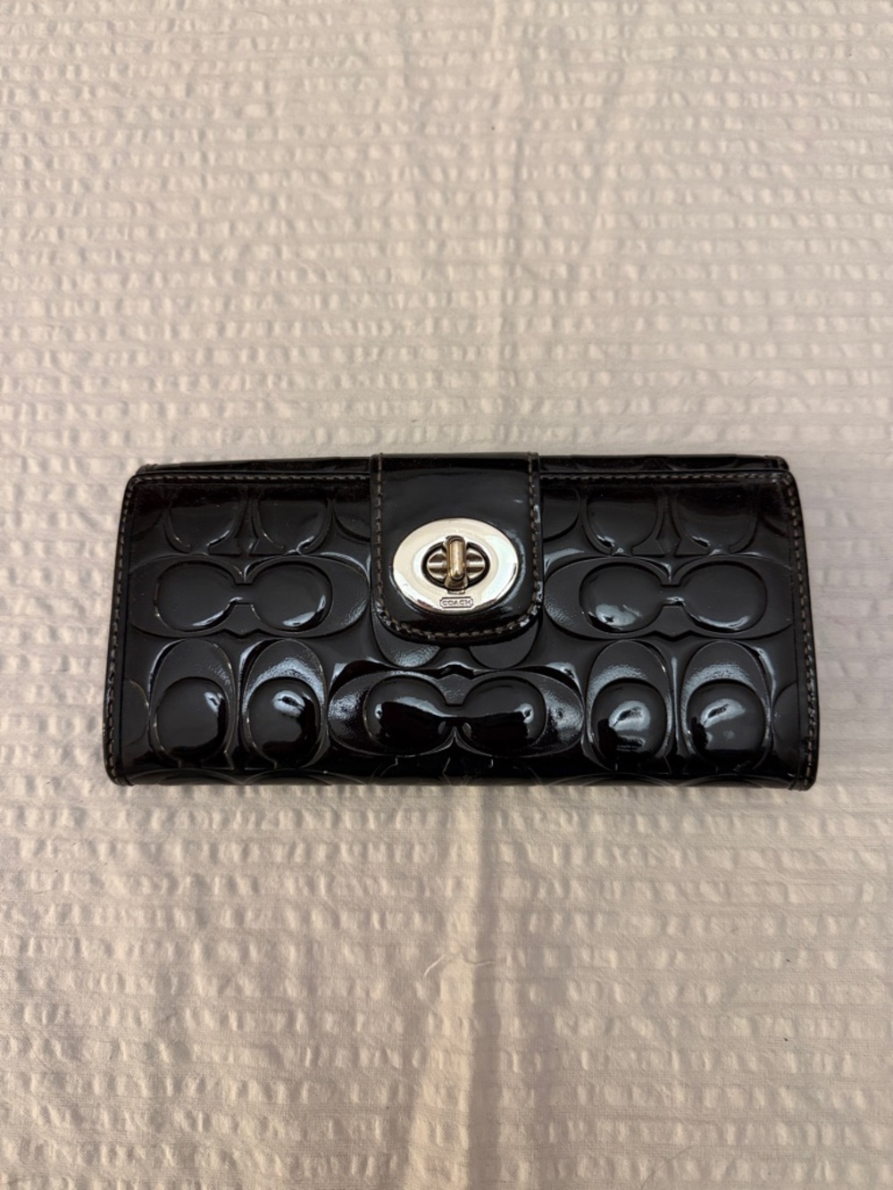 Coach Black Glossy Quilted Wallet with Turnlock - light blue interior